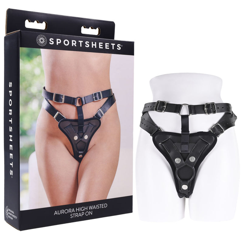 SPORTSHEETS Aurora High Waisted Strap On Adjustable Strap On Harness (No Probe Included) Black