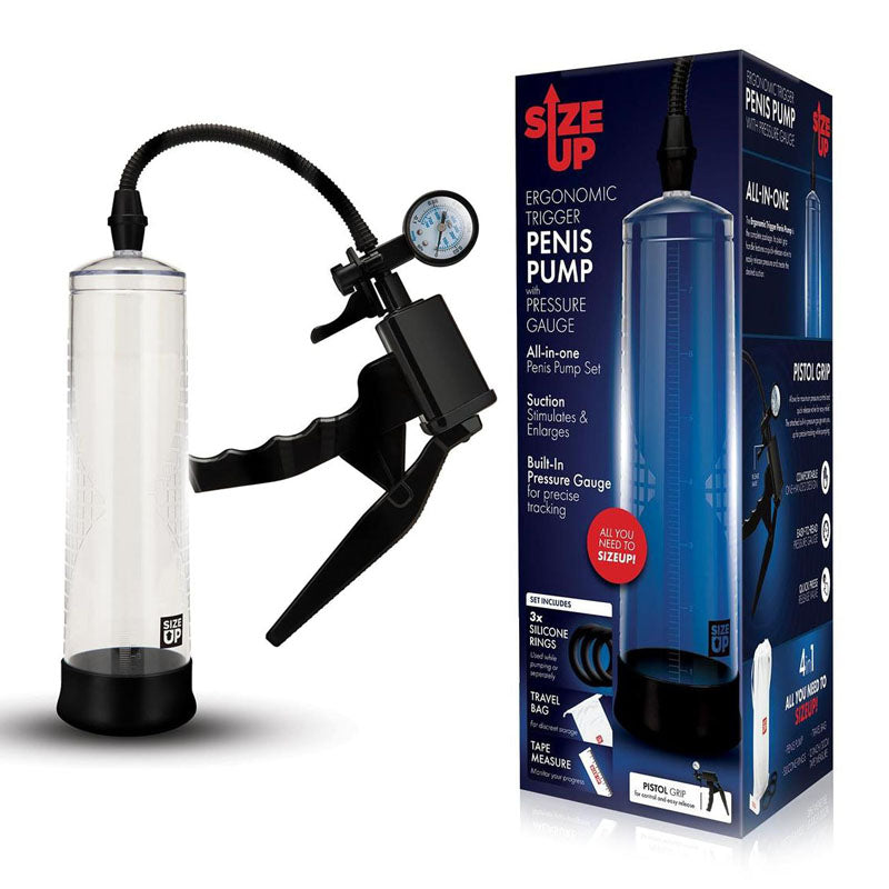 Xgen Products Size Up Ergonomic Trigger Penis Pump With Pressure Gauge Clear Xgen Products