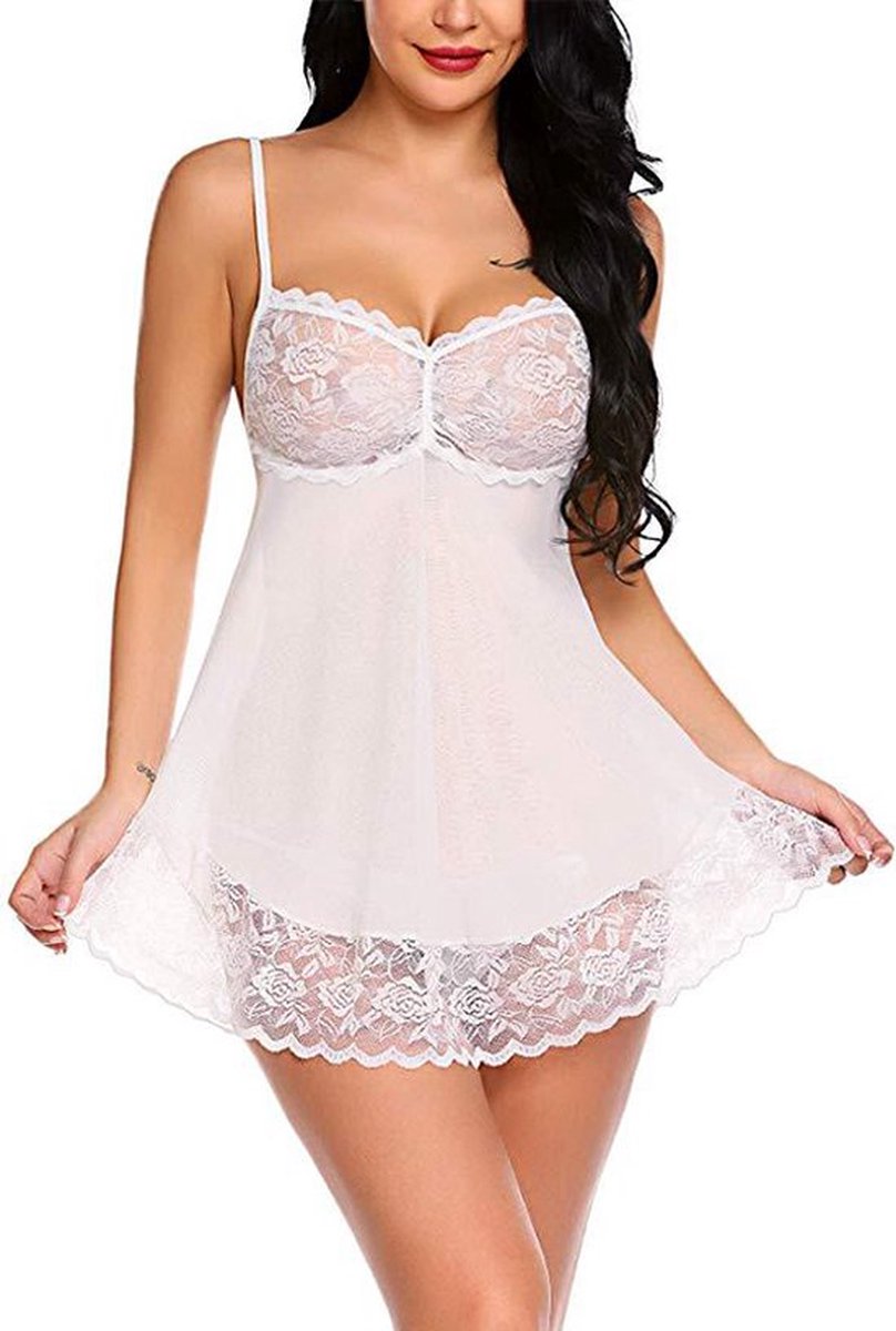 Erotic 2-Piece Lingerie Set | Nightgown & Panties | Sexy Lace Lingerie Set | Size LI White
