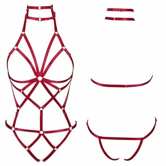 House Of Dasein Red Elastic Sexy Harness Bondage Body Cage Accessories Erotic Lingerie Women Bdsm - Wine Red