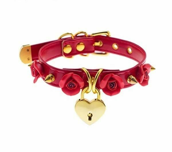 House Of Dasein Bdsm Collar Spikes Flowers Choker Necklaces Slave Play Owned Submissive - Red With Gold