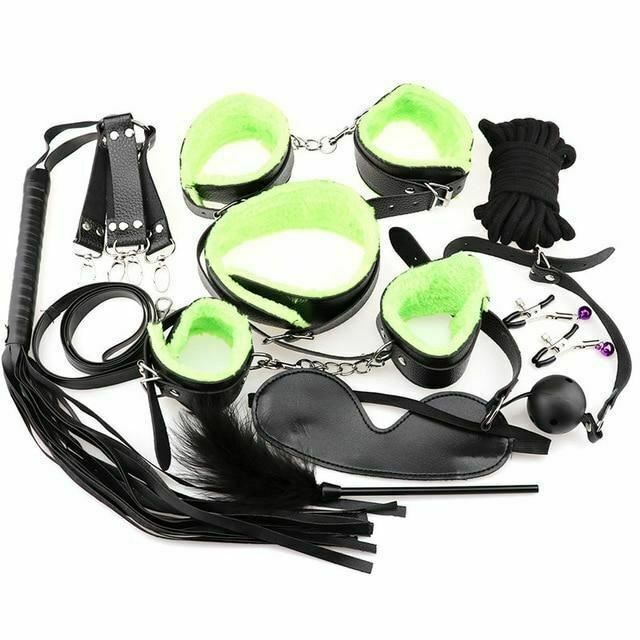 House Of Dasein Bondage Starter Kit 10 Pieces Gag Flogger Restraints Blindfold Cuffs Collar - Black Green - Kit