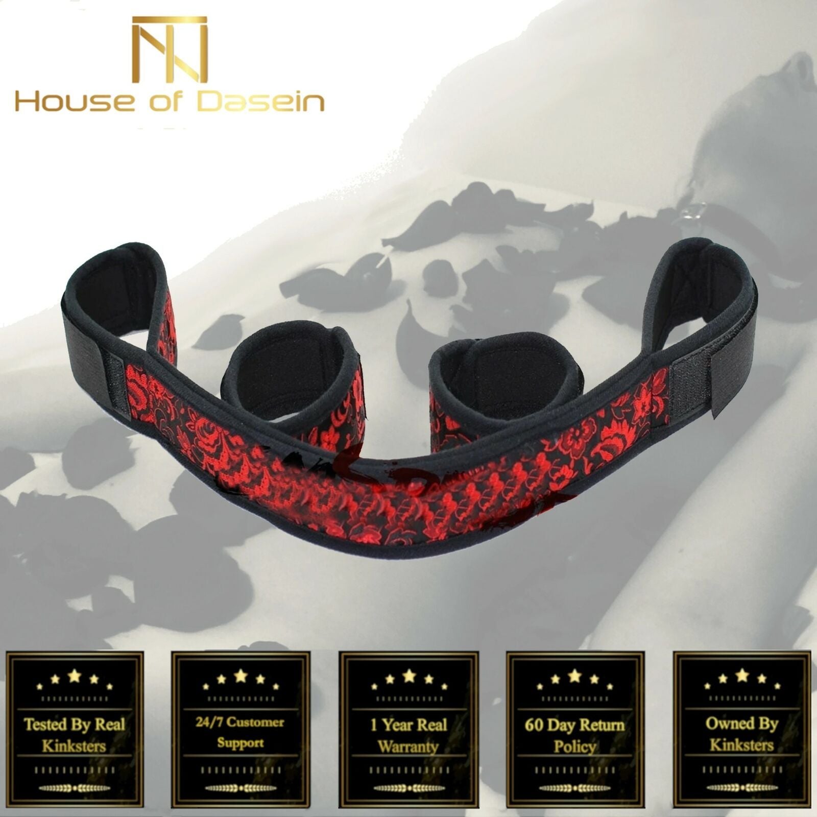 House Of Dasein Floral Material Spreader Bar Restraints Handcuffs Ankle Cuffs Bdsm Bondage Fetish - Red