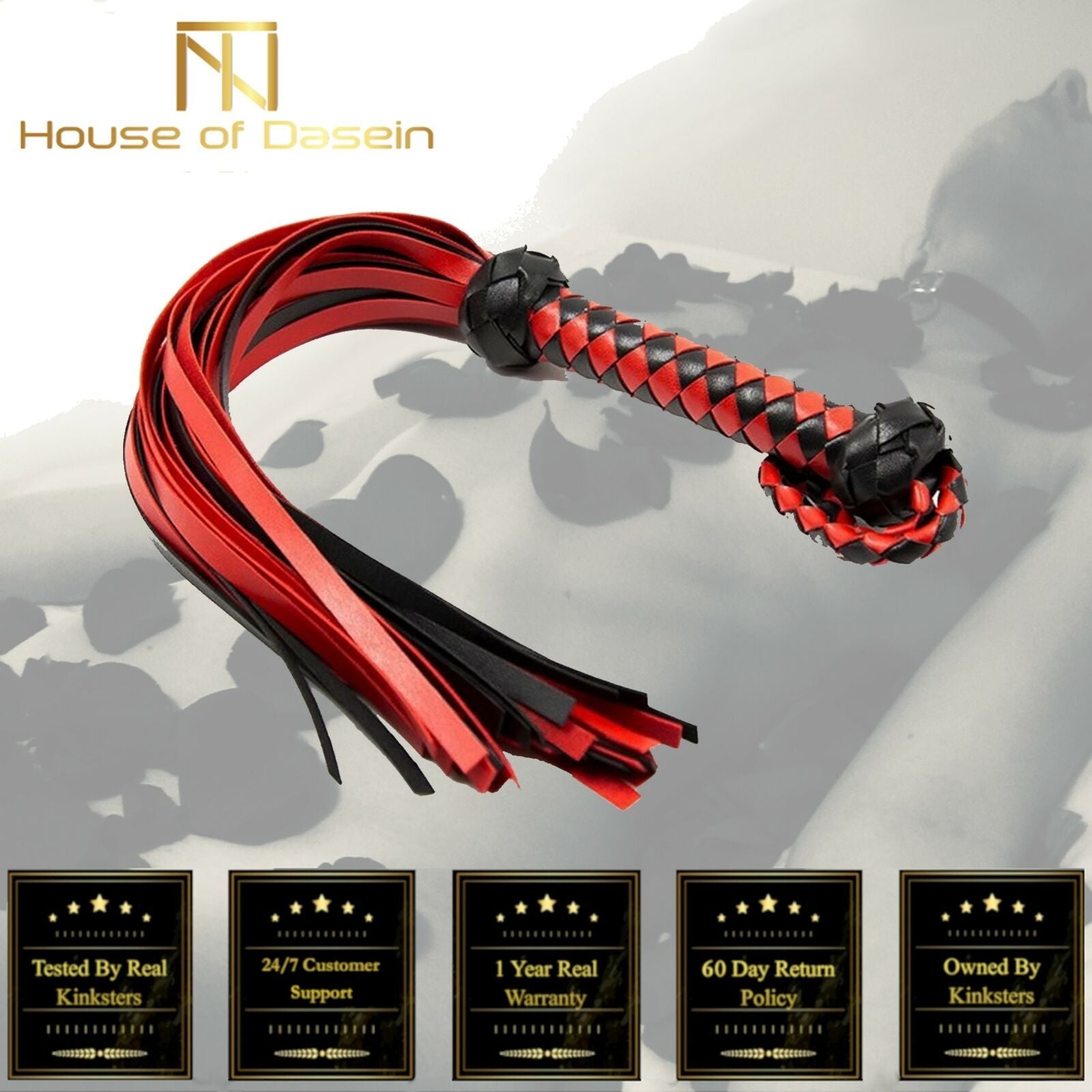 House Of Dasein Red Black Bdsm Flogger Spanking Whip Impact Play Kink Fetish - Red