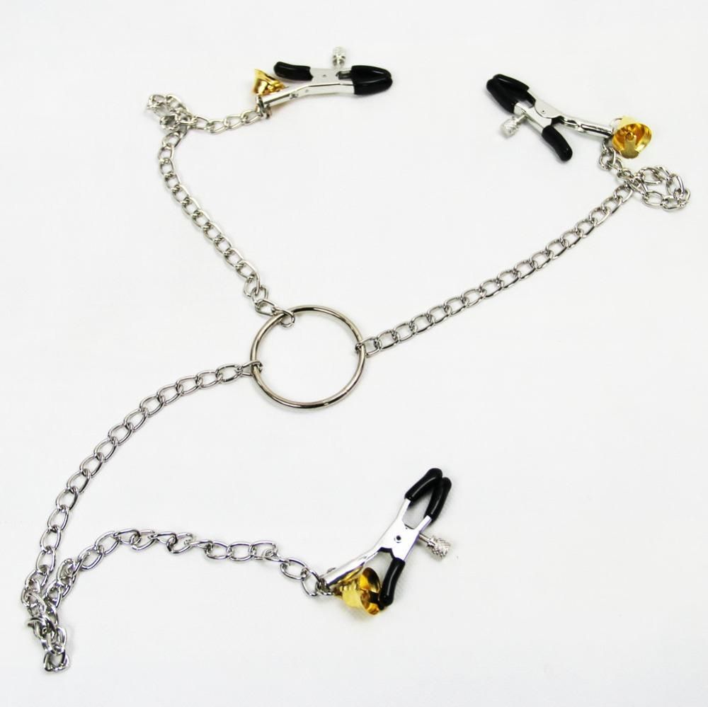 House Of Dasein Nipple Clamps Clit Long Chain Bells Bdsm Bondage Restraints - Black