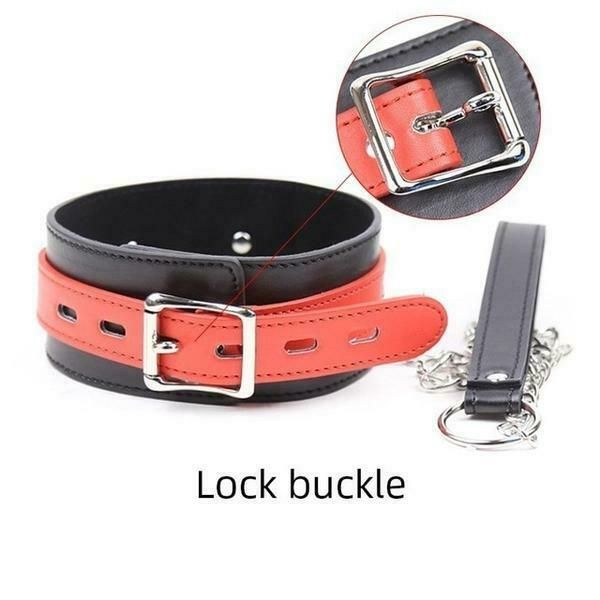 House Of Dasein Sexy Leather Bondage Collar Lead Chain Dog Roleplay Puppy Pet Play B-D-S-M - Red - Lock Buckle