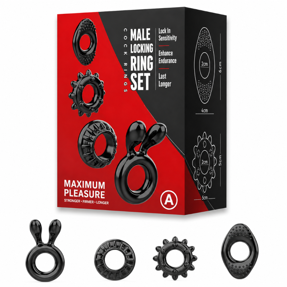 House Of Dasein 4Pcs Set Black Stretchy Silicone Cock Four Styles Penis Rings Men - Black Main image
