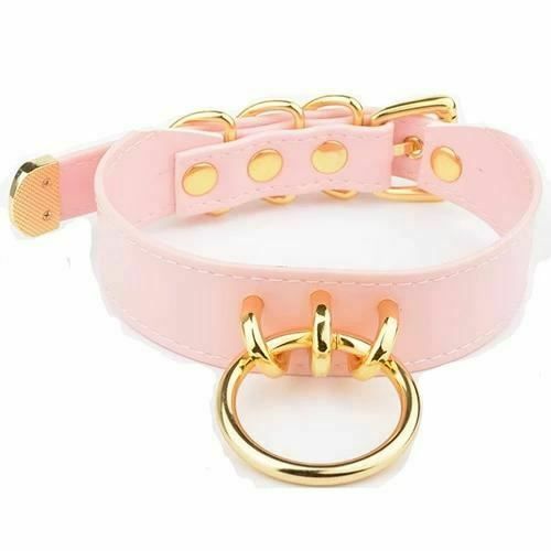 House Of Dasein Bdsm Pink Faux Leather Silver Gold Ring Kitten Submissive Collar - Pink With Gold
