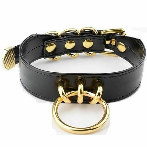 House Of Dasein Bdsm Black Faux Leather Silver Gold Ring Submissive Collar - Black With Gold