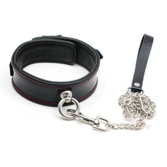 House Of Dasein Black Genuine Leather Bondage Collar Leash Metal Chain Bdsm Beginners - Black