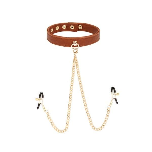 House Of Dasein Brown Leather Collar With Nipple Clamps Bdsm Bondage Restraints Sex Slave Games - Brown