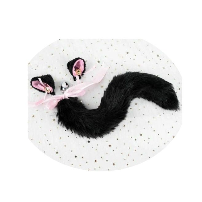House Of Dasein Black White Cute Kitten Ears Faux Fox Tail Ana Butt Plug Cosplay Bdsm - Black - L - Hairpin
