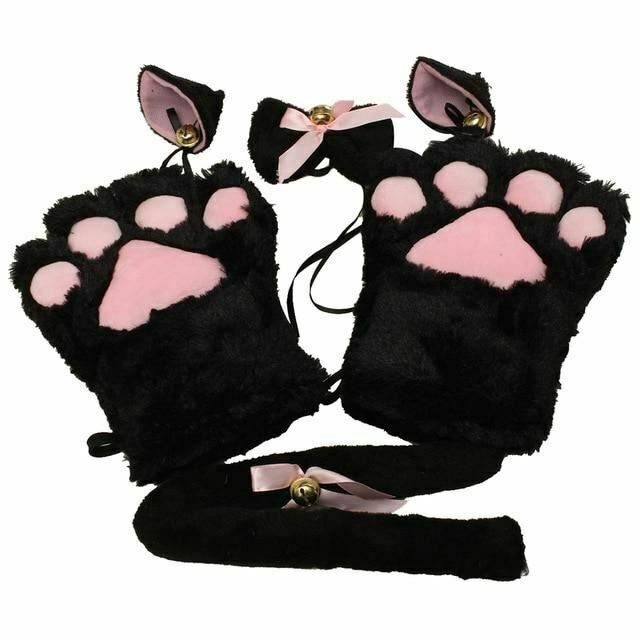 House Of Dasein Plush Cat Ears Paws Gloves Tail Anime Cosplay Kitten Pet Play Bdsm Kink Fetish - Black