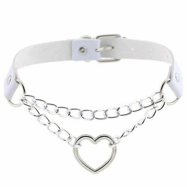 House Of Dasein Bdsm Day Collar Heart Pendant Choker Silver Chain Necklace - White