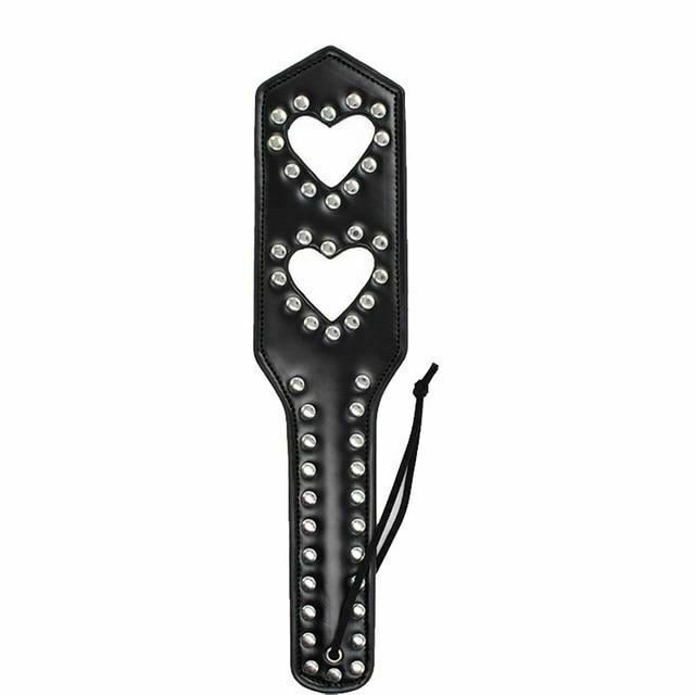 House Of Dasein Leather Studded Spanking Paddle Heart Shaped Slave Whip Bdsm Fetish - Black - Two Hearts