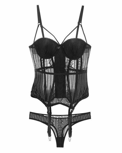 House Of Dasein Black High Elasticity Corset Bustier Cup Garter Set With Straps Lingerie - Black - L