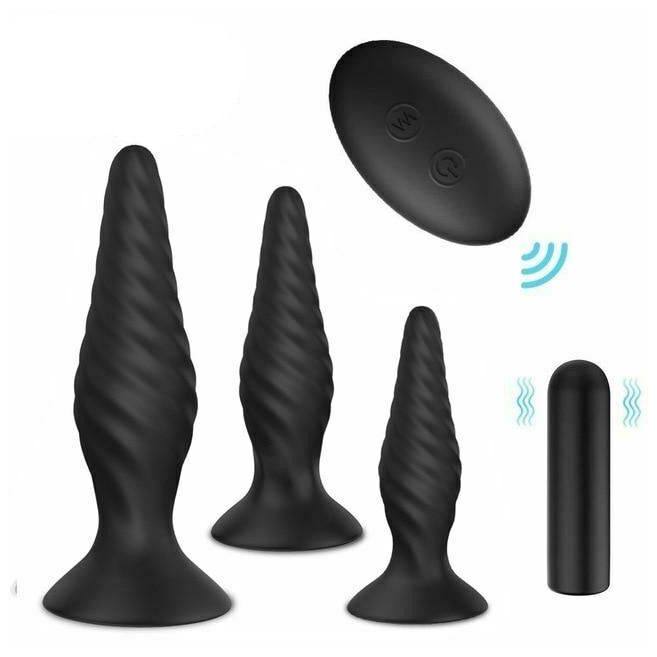 House Of Dasein Black Silicone Butt Plug Set Wireless Vibrator Anal Training Bdsm - Style 2 - Ridged