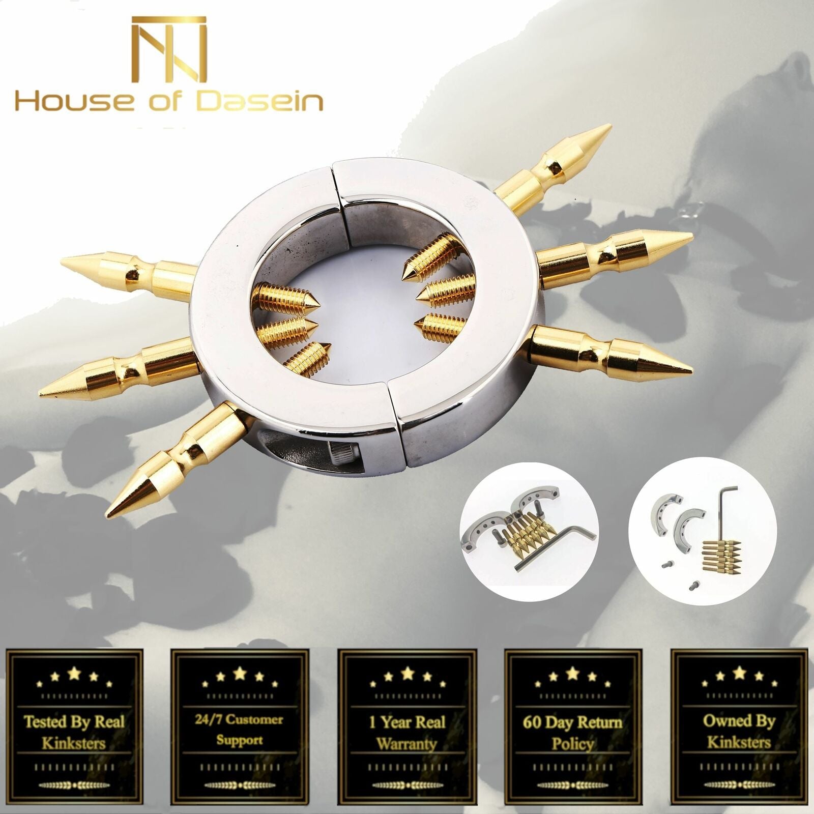 House Of Dasein Golden Spikes Ball Stretcher Metal Scrotum Cock Ring Bdsm Fetish - Gold