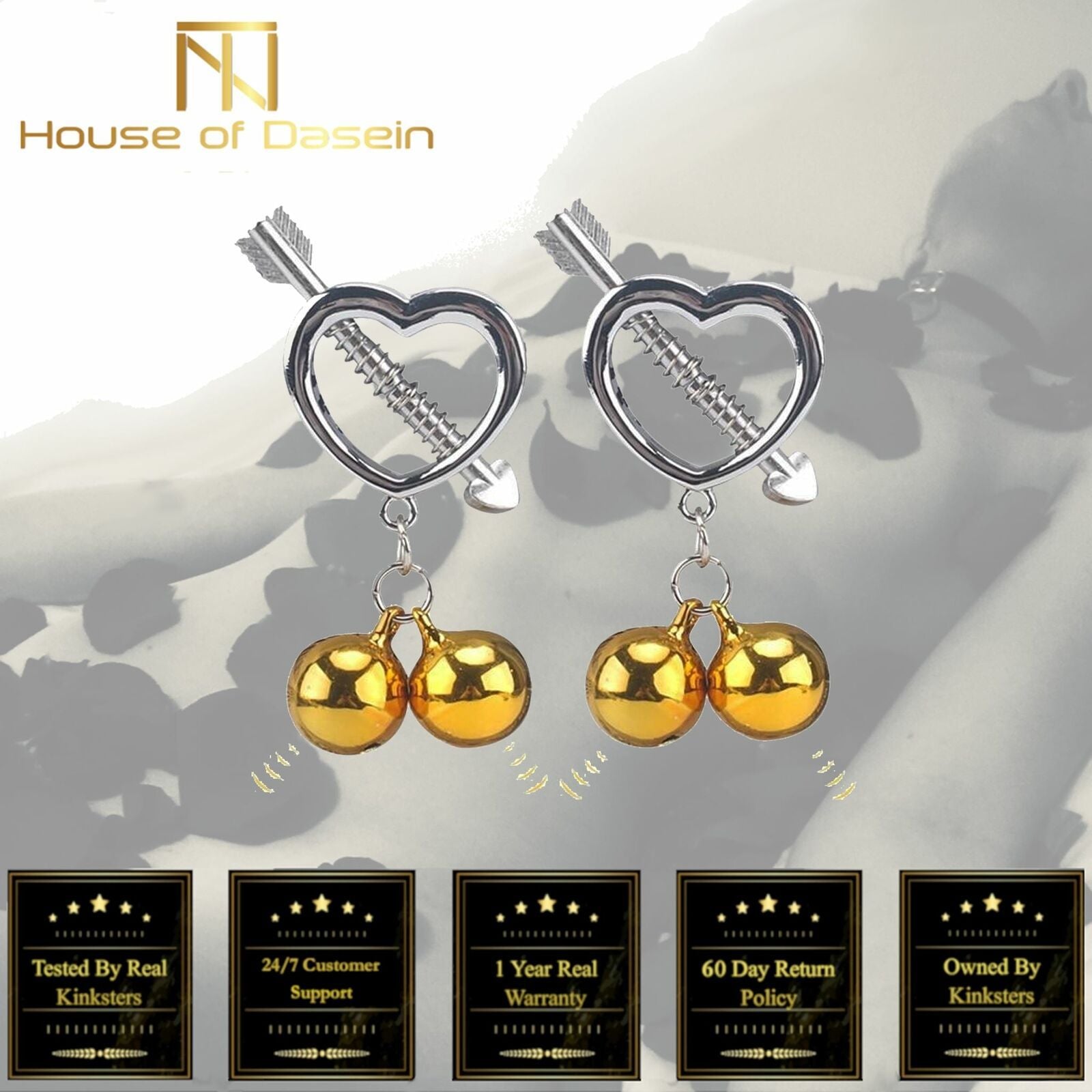House Of Dasein Cupid' Arrow Gold Bell Stainless Steel Nipple Clamps Bdsm Bondage Restraints - Gold