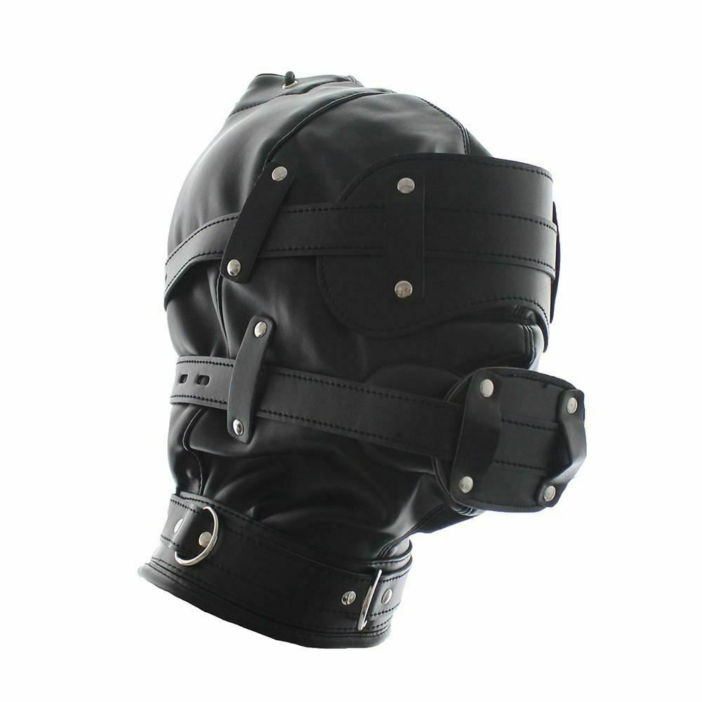 House Of Dasein Black Full Hood Blindfold Dildo Gag Bdsm Sex Mask Headgear Fetish Kink - Black