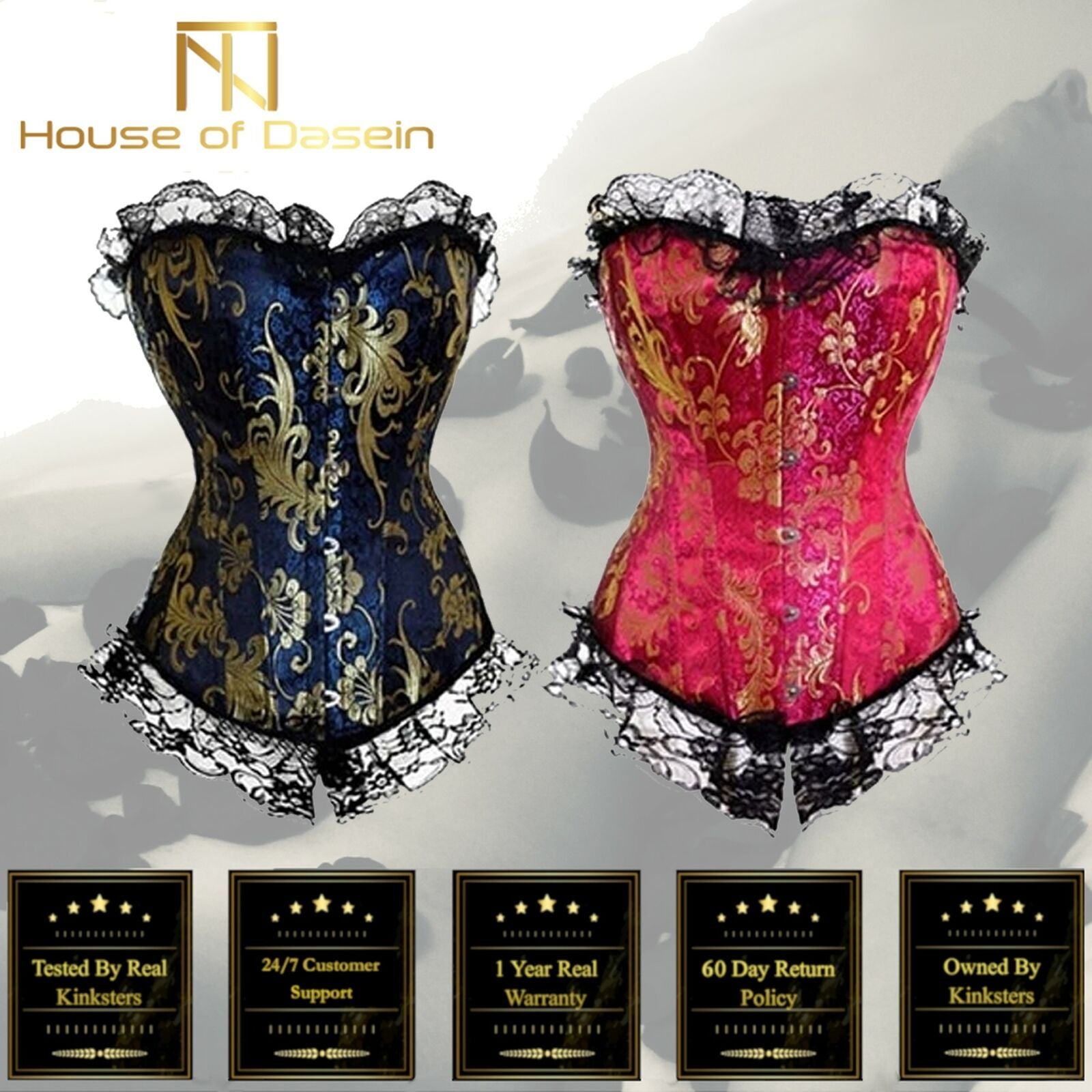 House Of Dasein Blue Red Corset Gold Lace Trim Sexy Lingerie Kink Bdsm Fetish Clothing - Red - Xxxl
