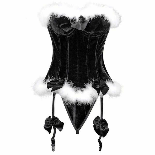 House Of Dasein Luxurious Red Velvet Christmas White Faux Fur Trim Over Bust Corset - Black - M