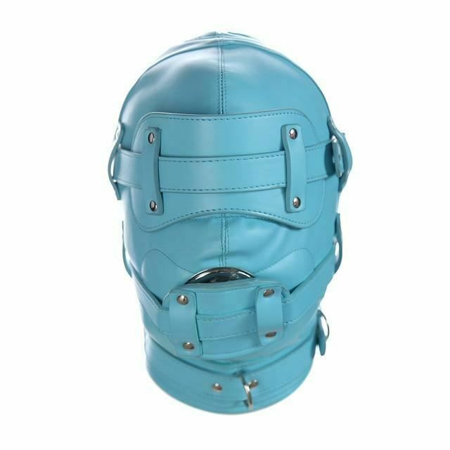 House Of Dasein Pink Blue Fetish Full Hood With Mouth Dildo Gag Bdsm Bondage Sex Mask - Blue - 9.5Cm