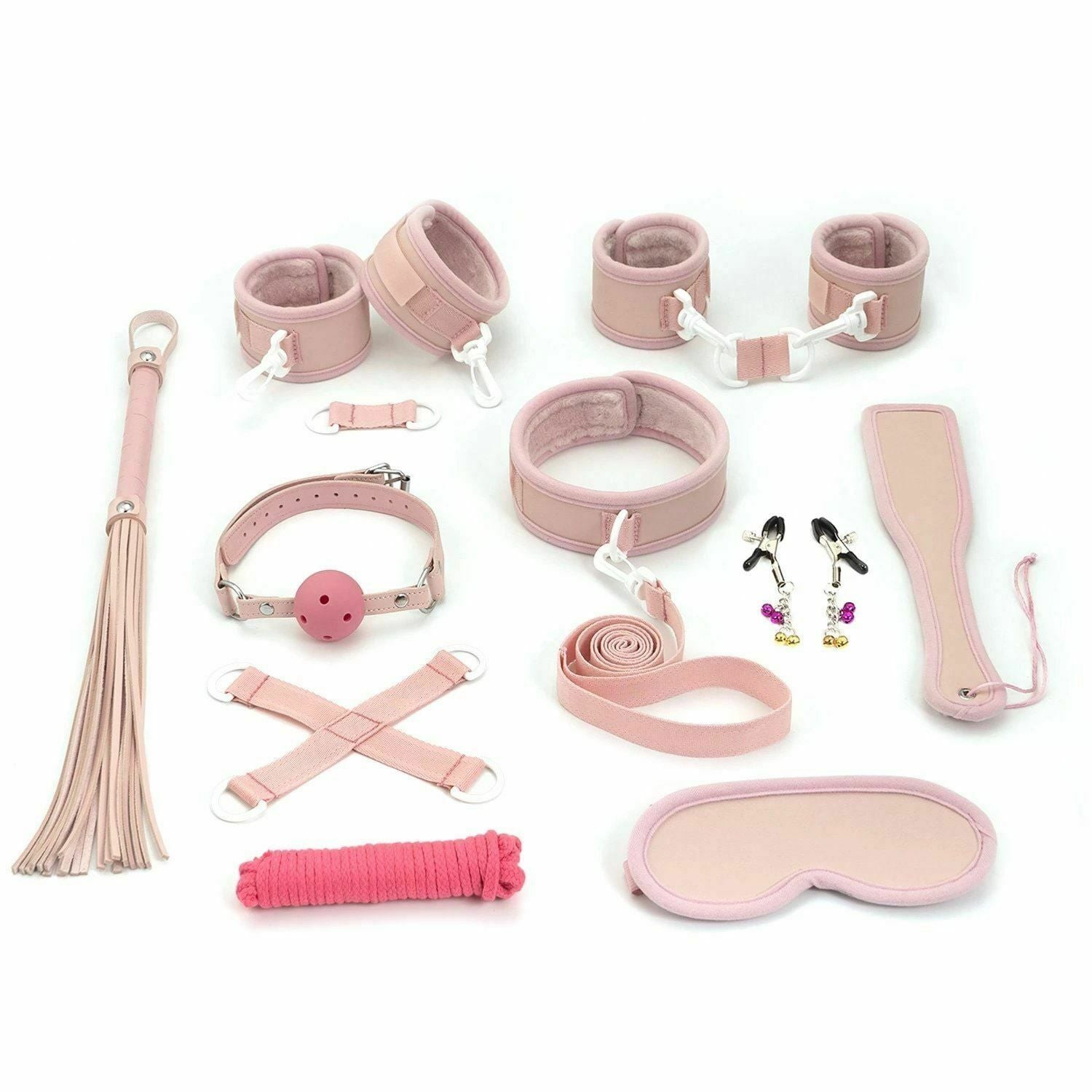 House Of Dasein Pink 10Pcs Bdsm Set Collar Nipple Clamps Flogger Cuffs Paddle Rope Blindfold Kit - Pink
