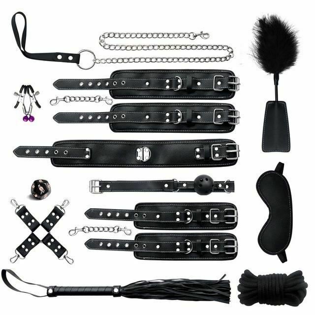 House Of Dasein Black Pink Bondage Kit Handcuffs Leash Whip Gag Nipple Clamps Bdsm Set - Black
