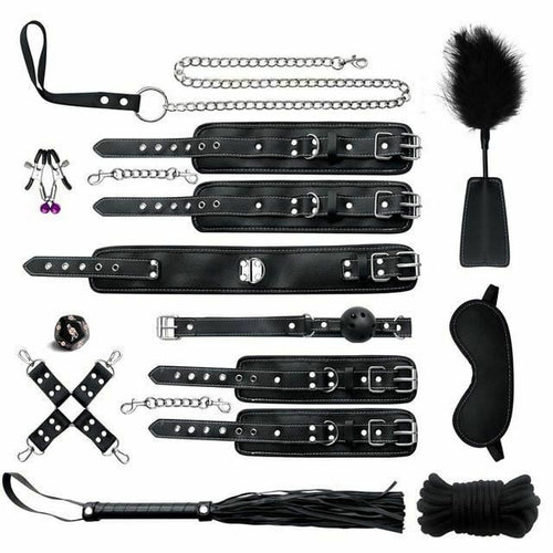 House Of Dasein Black Pink Bondage Kit Handcuffs Leash Whip Gag Nipple Clamps Bdsm Set - Black