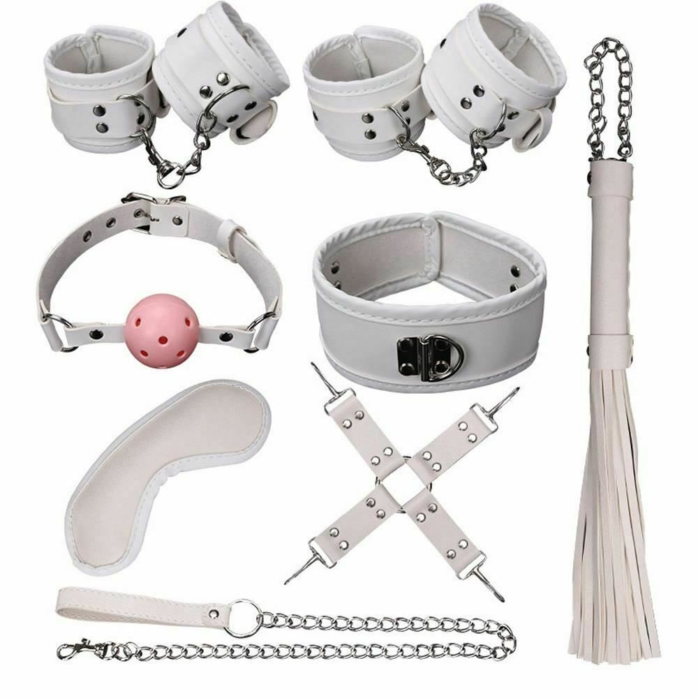 House Of Dasein 8 / Pcs Bdsm Bondage Set Fetish Kit Collar Gag Cuffs Leash Flogger Hogtie - White Main image
