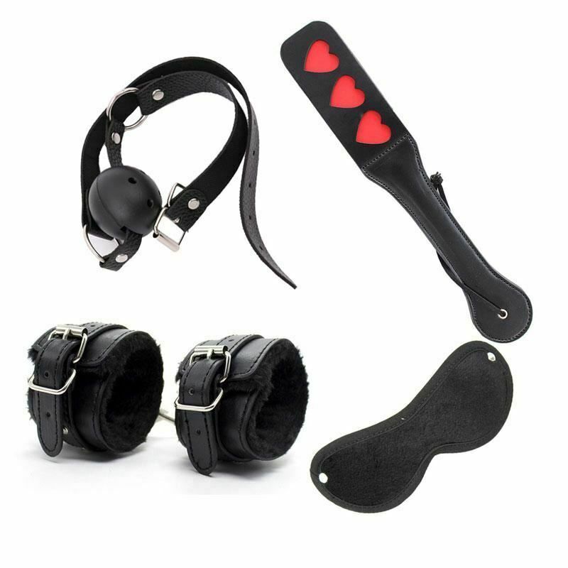 House Of Dasein 4 Pcs / Set Black Bdsm Beginners Starter Kit Heart Paddle Blindfold Cuffs Ball Gag - Black