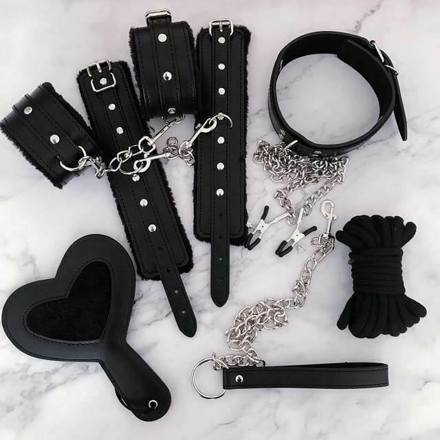House Of Dasein Black Bdsm Kit Flogger Cuffs Collar Rope Paddle Gag Bondage Set - Black - 6Pcs Main image