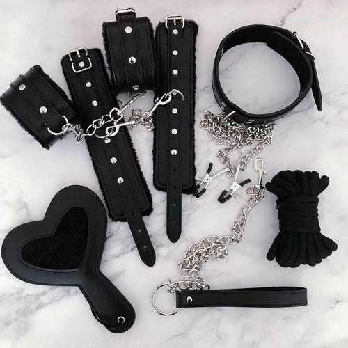 House Of Dasein Black Bdsm Kit Flogger Cuffs Collar Rope Paddle Gag Bondage Set - Black - 6Pcs