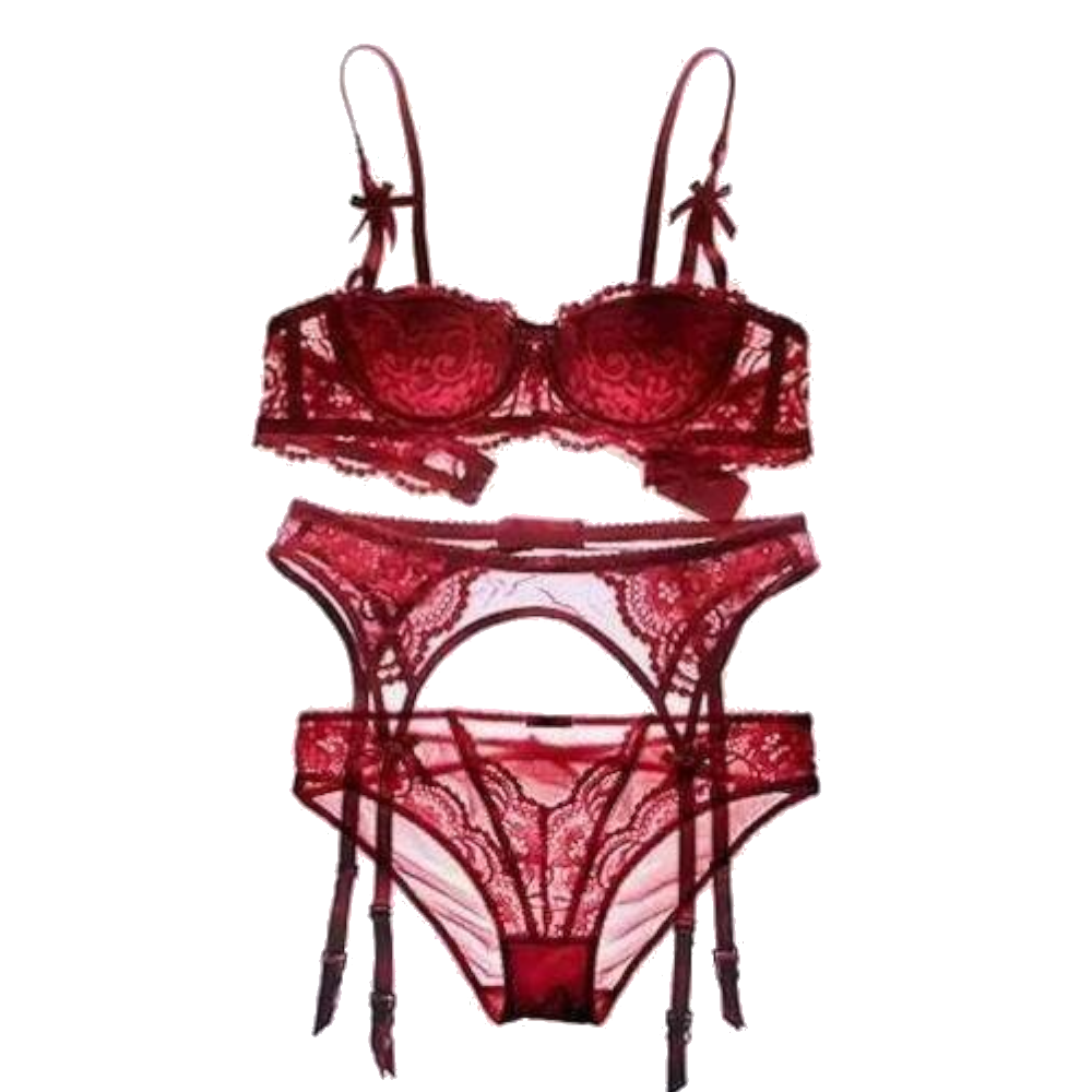 House Of Dasein Seductress Lace Bra Panty Garter Set - Red - 85D Or 38D
