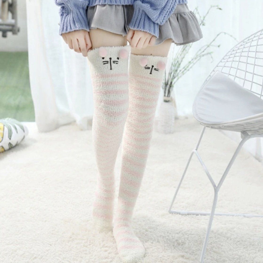 House Of Dasein Pink Cat Thigh Highs - Pink