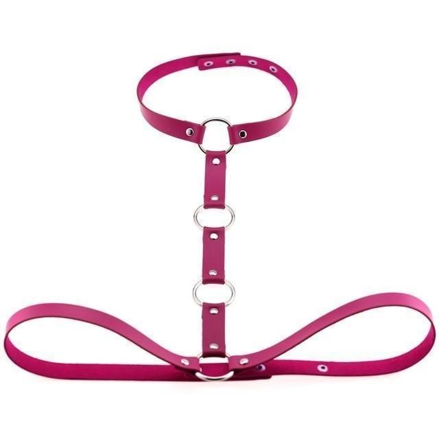 House Of Dasein Y Choker Faux Leather Chest Harness Women Body Fetish Clothing - Rose