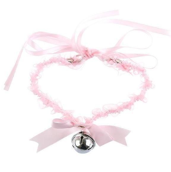 House Of Dasein Kitten Bell Collar Bow Knot Lace Pendant Small Choker Necklace - Pink