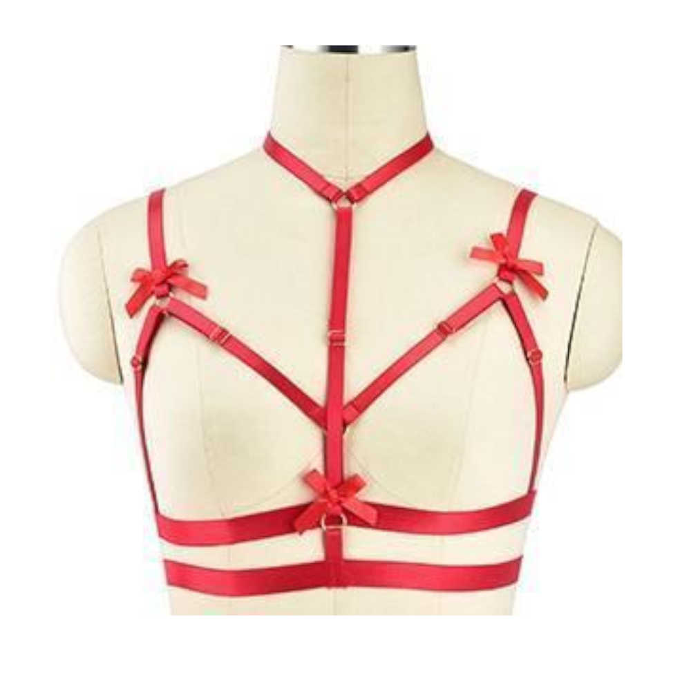 House Of Dasein Satin Body Harness For Women Fetish Clothing - Red - 3 Ribbon Upper