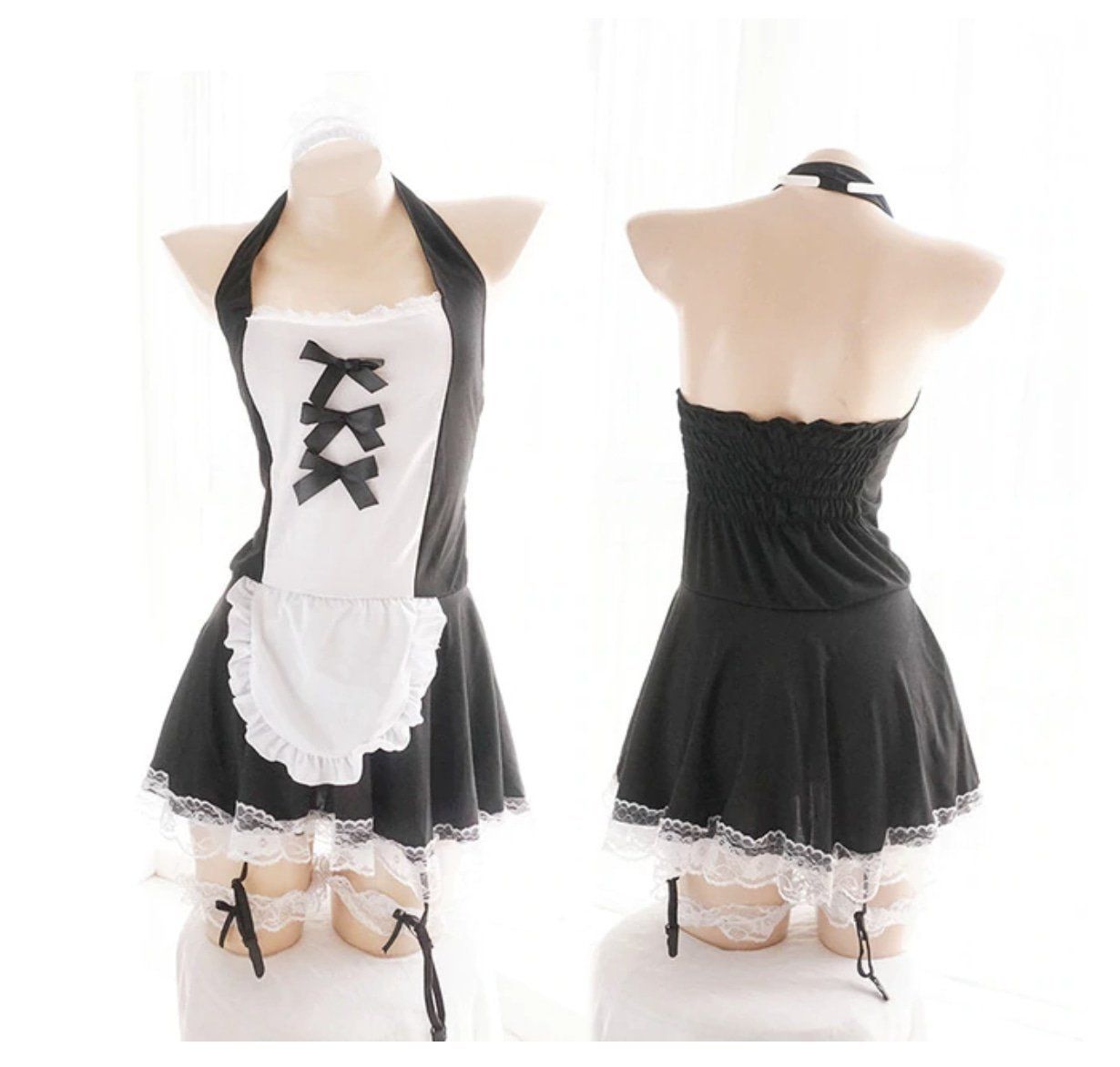House Of Dasein French Maid Dress Costume Women - White - Three Ribbon Front