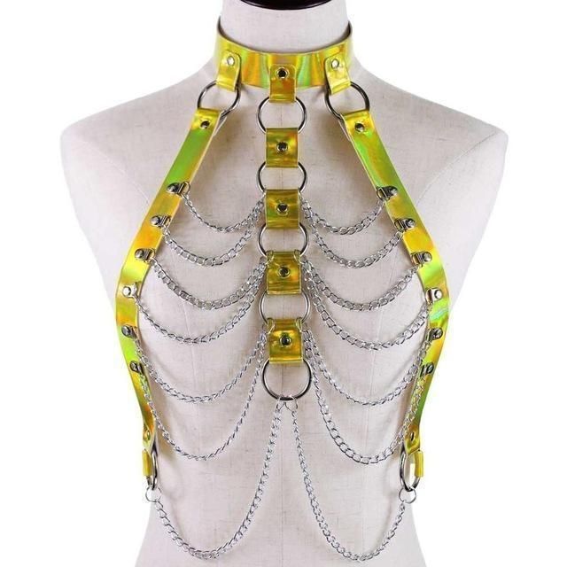 House Of Dasein Holographic Chain Harness Women Body Fetish Clothing - Gold