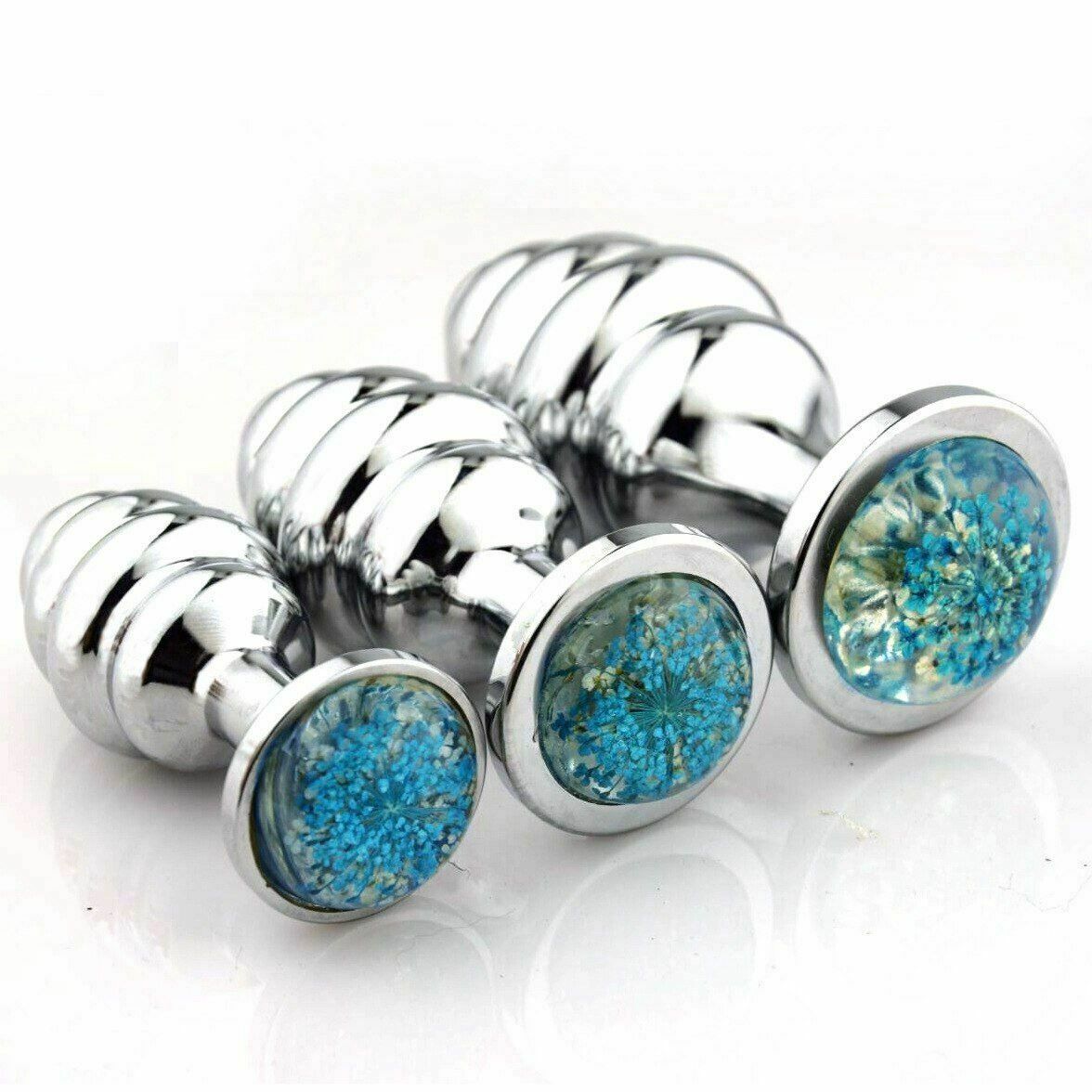House Of Dasein 3Pcs / Set Spiral Flower Crystal Butt Plug Anal Sex Toys For Couples - Blue