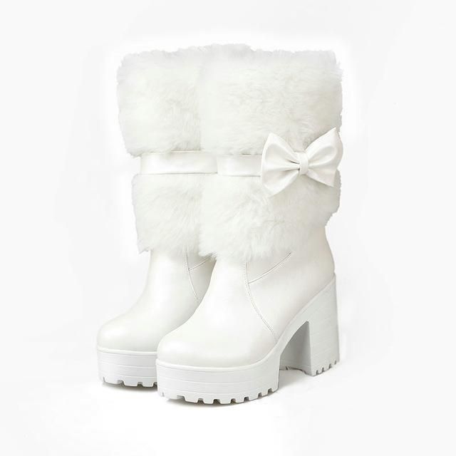 House Of Dasein Furry Pink Bow Boots - White - 11 Main image
