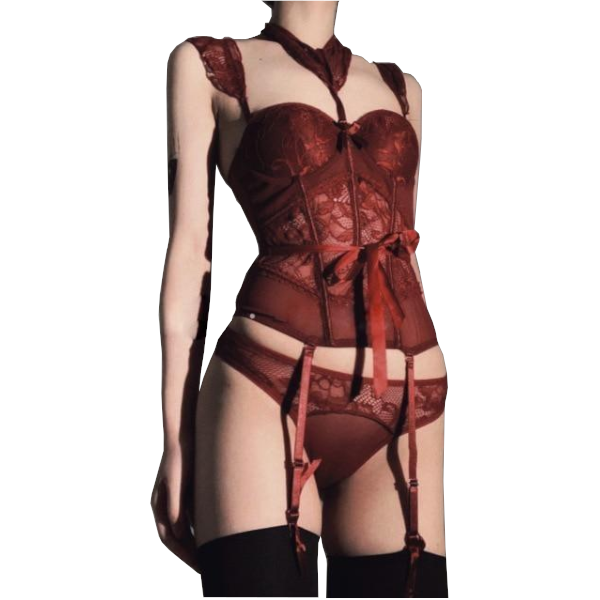 House Of Dasein Seduction Lace Bra Panty Set With Built In Garters - Red - M