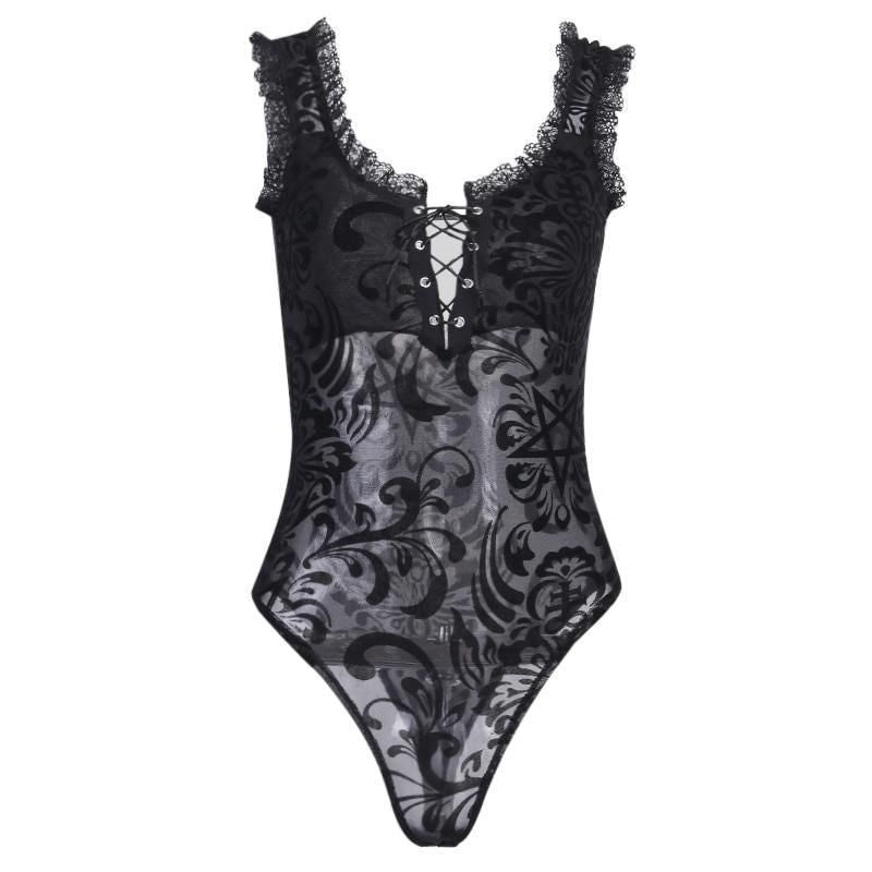 House Of Dasein Gothic Bodysuit With Ruffled Lace And Corseting - Black - L