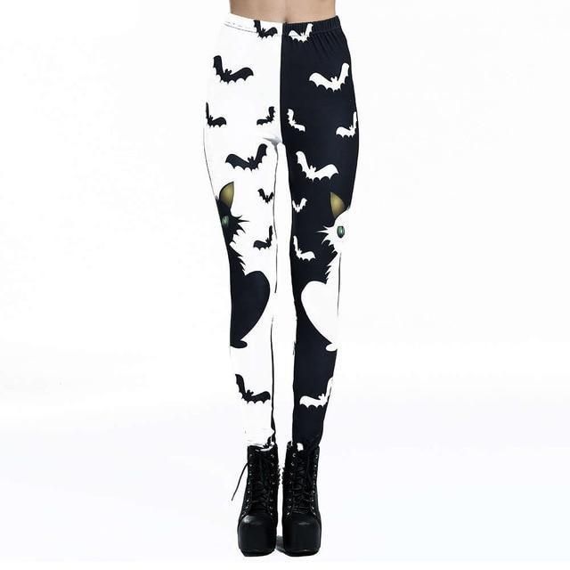 House Of Dasein Cat Bat Printed Leggings Gothic Black White Pants Women - Black - Xl