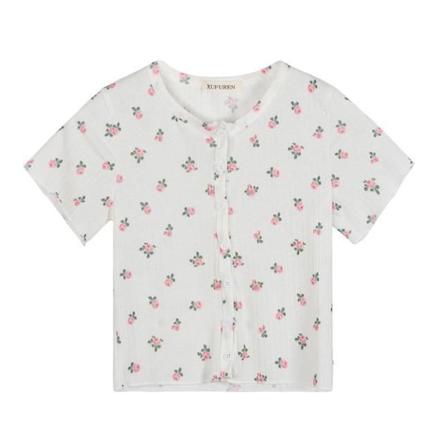 House Of Dasein Little Flower Summery Crop Top With Buttons Shirt Women - M