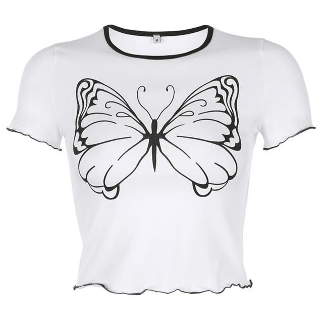 House Of Dasein White And Black Butterfly Cropped Tee Top Women Short Sleeve Shirt - Black - M Main image