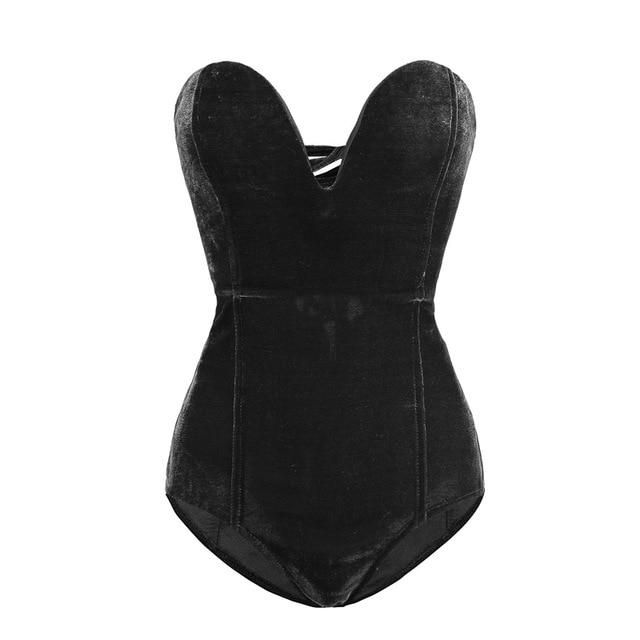 House Of Dasein Sexy Velvet Strapless Neck Bodysuit Criss Cross Back For Women - Black - Xl