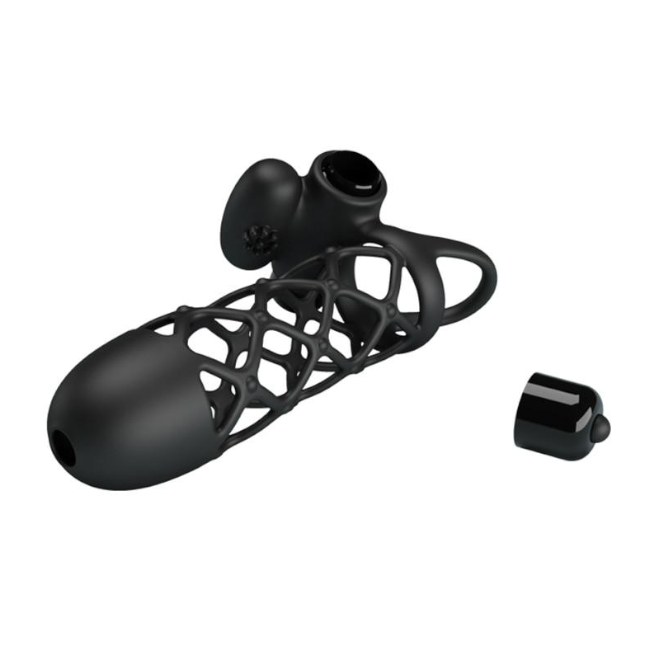 House Of Dasein Cock Cage 10 Speeds Clitoris Vibrator Elastic Net Sleeve Penis Ring - Black